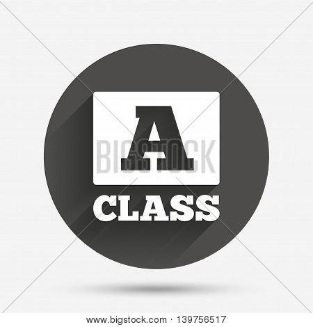 A-class icon. Premium level symbol. Energy efficiency sign. Circle flat button with shadow. Vector