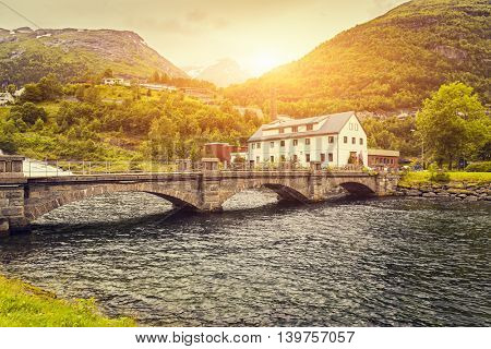 Beautiful sunrise scene over mountain, Geiranger Fjord, Hellesylt, Norway