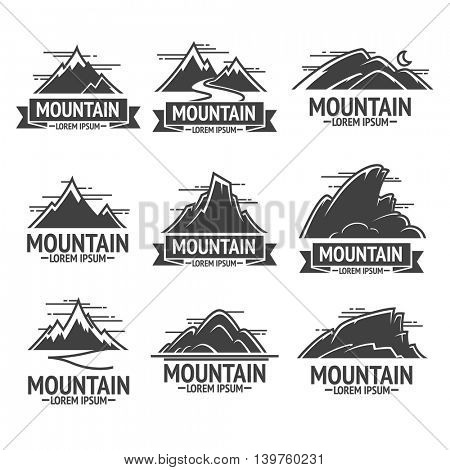 Set of mountain exploration vintage logos, emblems or silhouettes . Logotype templates and badges with mountains. Vector Illustration.