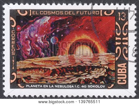 MOSCOW RUSSIA - CIRCA JANUARY 2016: a post stamp printed in CUBA shows futurisric cosmic scenery the series "Cosmonautics Day - Science Fiction Paintings by A. Sokolov" circa 1974