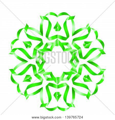 Green flower with six petal of swirled ribbons on white background