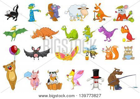 Set of cute colourful animals. Sheep drinking cocktail, kangaroo riding kick scooter, mouse eating apples, bear fishing, bee flying with honey bucket. Vector illustration isolated on white background.