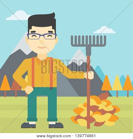 An asian young man raking autumn leaves. Man with rake standing near tree and heap of autumn leaves. Man tidying autumn leaves in garden. Vector flat design illustration. Square layout.