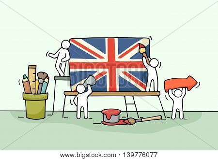 Sketch of working little people with british flag. Doodle cute miniature scene of workers with Union Jack. Hand drawn cartoon vector illustration for design and infographic.