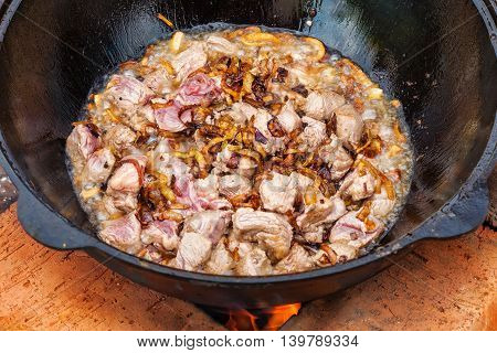 Pilaf, Pilaw, Plov, Rice With Meat In Pan. Cooking Process