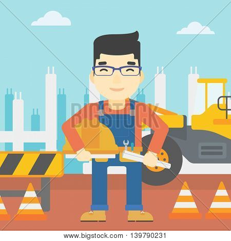 An asian engineer with a blueprint at construction site. Man holding a twisted blueprint and hard hat. Man checking construction works. Vector flat design illustration. Square layout.