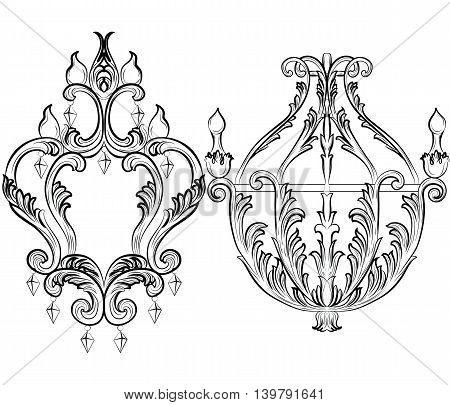 Rich Baroque Classic chandelier. Luxury decor accessory design. Vector illustration sketch