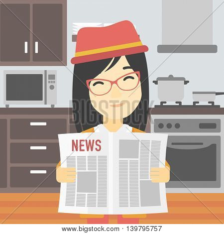 An asian happy woman reading the newspaper. Young smiling woman reading good news. Woman with newspaper in hands on the background of kitchen. Vector flat design illustration. Square layout.