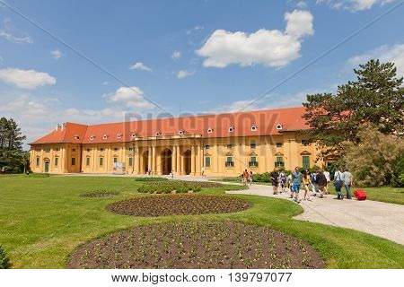 LEDNICE CZECH REPUBLIC - MAY 29 2016: Riding Hall (stables) of Lednice Palace (17th c.) in Czech Republic. UNESCO World Heritage Site