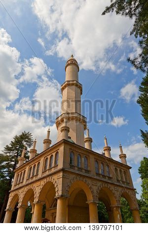 LEDNICE CZECH REPUBLIC - MAY 29 2016: Moorish Revival style Minaret observation tower (circa 1804) in Lednice Palace garden in Czech Republic. UNESCO World Heritage Site