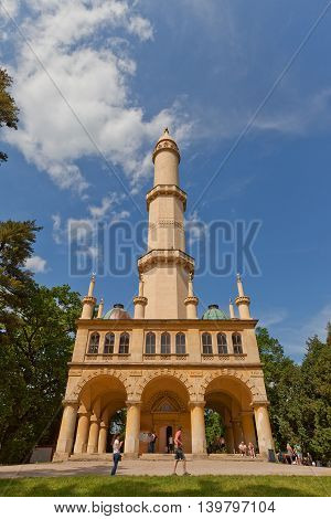 LEDNICE CZECH REPUBLIC - MAY 29 2016: Moorish Revival style Minaret observation tower (circa 1804) in Lednice Palace garden in Czech Republic. UNESCO World Heritage Site