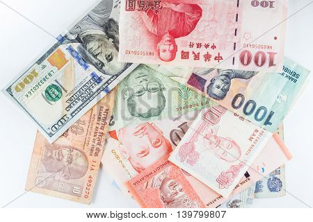 Multiple currency banknotes as colorful background showed the global money financial business economy crisis due to British out of European Union
