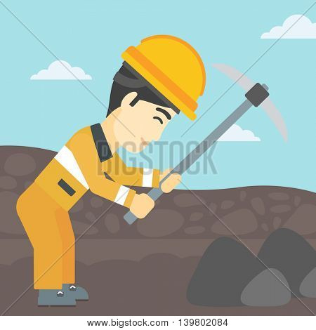 An asian miner  working with a pickaxe. Mine worker in hard hat. Miner at the coal mine. Vector flat design illustration. Square layout.