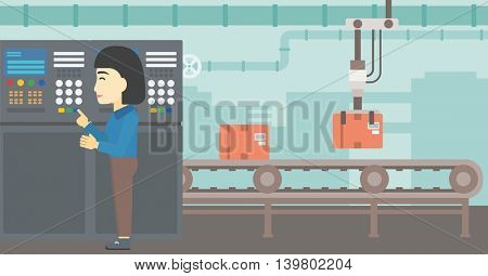 An asian woman working on control panel. Woman pressing button at control panel in plant. Engineer standing in front of the control panel. Vector flat design illustration. Horizontal layout.