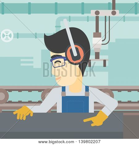 An asian man working on metal press machine. Worker in headphones operating metal press machine at factory workshop. Vector flat design illustration. Square layout.