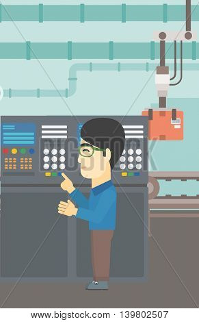 An asian man working on control panel. Man pressing button at control panel in plant. Engineer standing in front of the control panel. Vector flat design illustration. Vertical layout.