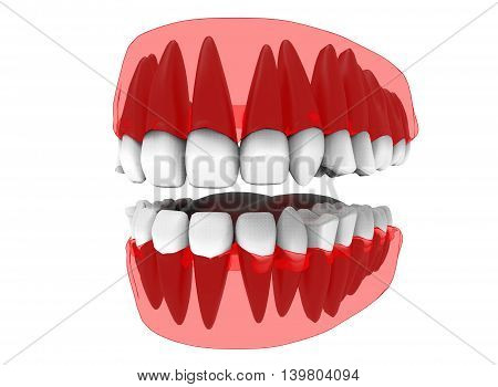 3d illustration of opened gum with teeth and tongue. icon for game web. white background isolated. colored and cute. anatomy part of the mouth.