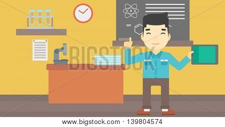 An asian student using a tablet computer in training class. Young man with tablet computer pointing forefinger up. Education technology. Vector flat design illustration. Horizontal layout.