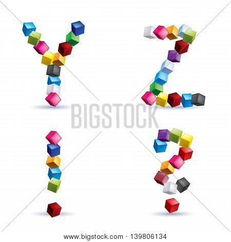 Letters Y and Z question sign and exclamation sign made of colored blocks.