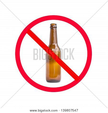 The red circle with slash on the glass bottle of alcohol on white background; concept for stop drinking.