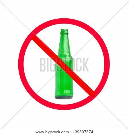 The red circle with slash on the glass bottle of alcohol on white background; concept for stop drinking.
