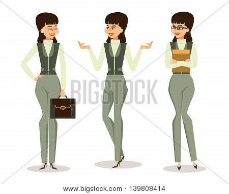 Three successful young business woman in formal clothes in different poses making gestures. Isolated on white background. Cartoon style. Vector illustration