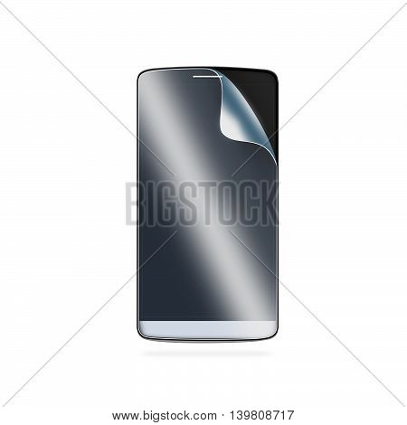 Phone protection film on screen 3d illustration. Smartphone display with protector glass. Isolated on white. Mobile electronic protected with protective film. Safety clear insure from scratch. Protect presentation