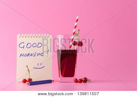 Cherry Drink With Ripe Cherry Berries And Message Good Morning
