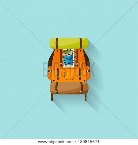 Backpack in a flat stzle. Vector illustration. School bag.Travel, camping or hiking. Tourism. Luggage