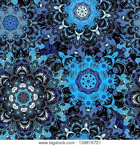 Deep blue colored seamless pattern with eastern floral orament. Floral oriental design in aztec, turkish, pakistan, indian, chinese, japanese style. Wrapping paper or front-side, vector art.