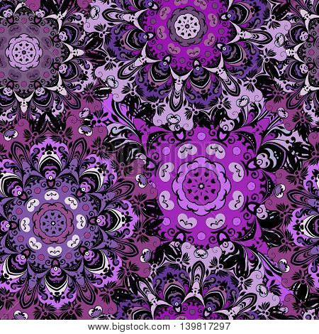 Violet seamless pattern with eastern mandalas orament. Floral design in aztec, turkish, pakistan, indian, chinese, japanese style. Napkin or wrapping, vector art.