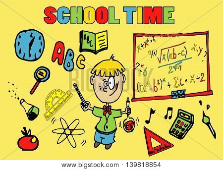 School background with school elements and kid