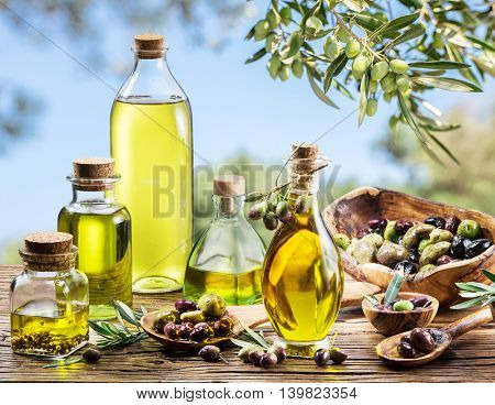 Bottles of olive oil on the old wooden table under olive tree. Blue sky on the background.