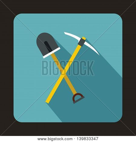 Pick tool and shovel icon in flat style on a baby blue background