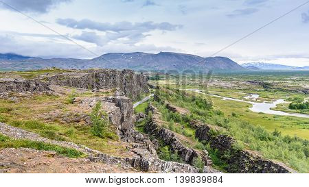 Beautiful view in Thingvellir National Park Southern Iceland selective focus
