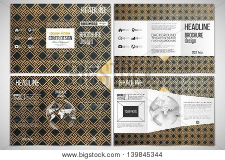 Vector set of tri-fold brochure design template on both sides with world globe element. Islamic gold pattern with overlapping geometric square shapes forming abstract ornament. Vector stylish golden texture on black background.