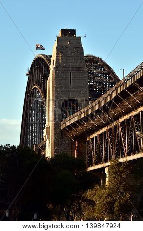 Sydney Harbour Bridge from The Rocks. Harbour Bridge is one of the most famous landmarks in Sydney.