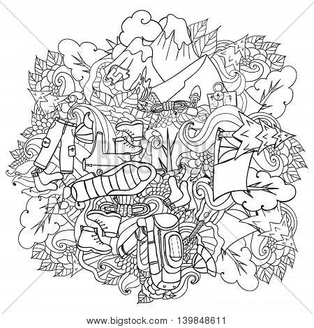 Hiking, camping, outdoor recreation, camping tent, trees, bonfire hand drawn camping landscape in sketch style for tourism poster, banner, postcard.travel Components. Coloring book for adults.