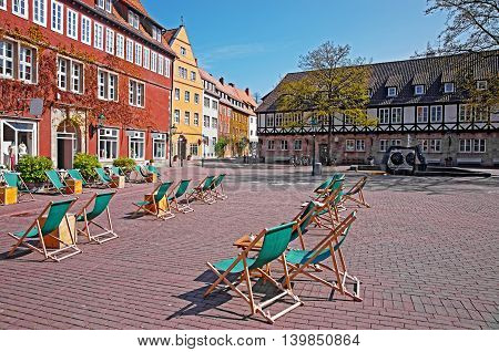 Ballhofplatz in Hanover in Germany. Hannover or Hannover is a city in Lower Saxony of Germany. Tourists nearby