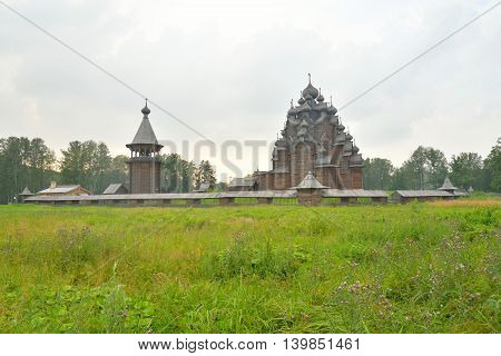 The complex Manor Bogoslovka in the style of Russian wooden architecture in the Nevsky Forest Park near St. Petersburg Russia.
