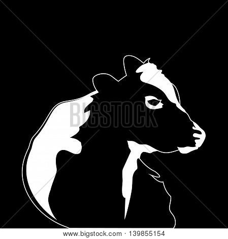 Abstract portrait of big cow. Black and white silhouette of cow on white background.