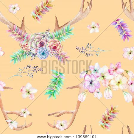 A seamless pattern with the antlers, entwined succulents, flowers, leaves and branches, for decoration, isolated hand drawn on a yellow background, wedding design
