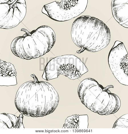 Vector seamless patern of pumpkin. Hand drawn engraved vintage illustration. Good for wrapping papper for Thanxgivig and Halloween celebration. Autumn harvest.