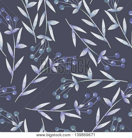 Seamless pattern with the blue berries, hand drawn in a watercolor on a dark background, background for your card and work, hand drawn in a pastel
