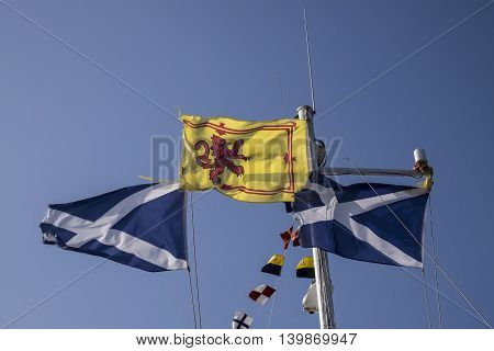 Royal Standard of Scotland with its red rampant lion on yellow background between two Scottish saltire flags with the cross of Saint Andrew of white and blue