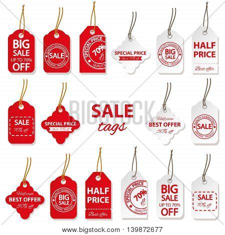 Sale labels big set in red and white colors.