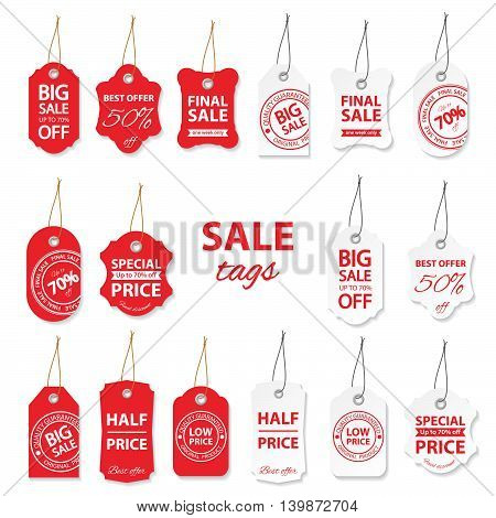 Sale labels big set in red and white colors.