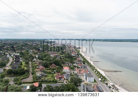 bird view in laboe west towards Kiel over the baltic sea