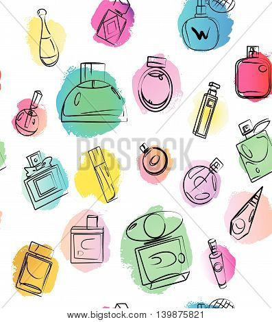 Vector artistic perfume seamless wallpaper on white background. Art design colorful paint drop wallpaper for package, illustration, perfume shop, card, logo, backdrops, fashion magazine. Ink drawn.