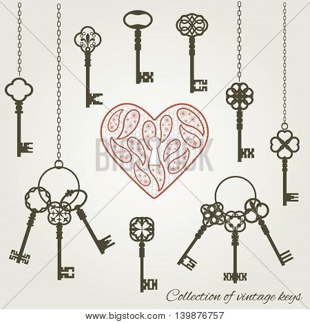 Vintage keys and keyhole in the shape of lacy heart.